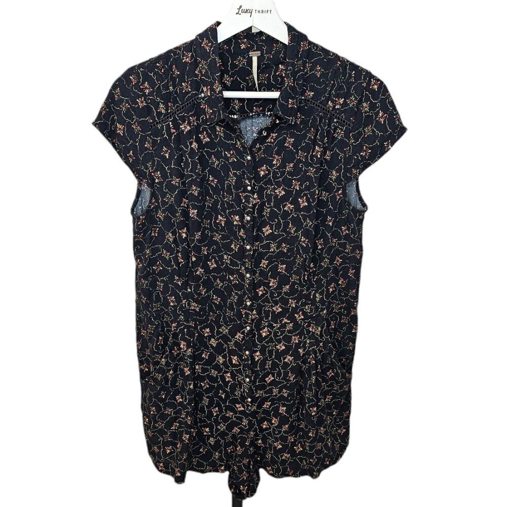 Free People Black Floral Short Sleeve Tie-Hem Tunic